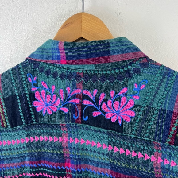 NWOT Tolani Collection Anthropologie Plaid Neon Floral Embroidered Button Down - Picture 11 of 13